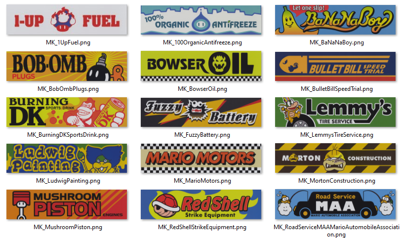 Preview of 12 images found in the set of Mario Kart motorsports brands